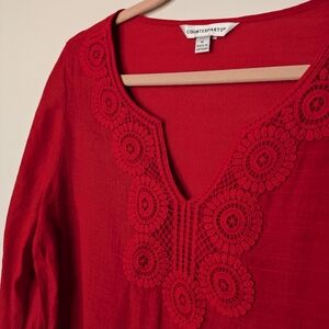 ⭐Asymmetrical Hem 3/4 Sleeve Vneck Embroidered Blouse
